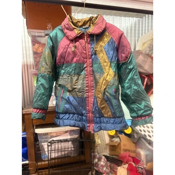 Vintage 80s groovy Bomber Jacket Metallic Teal Pink Gold Women's Size Large - Picture 2 of 12